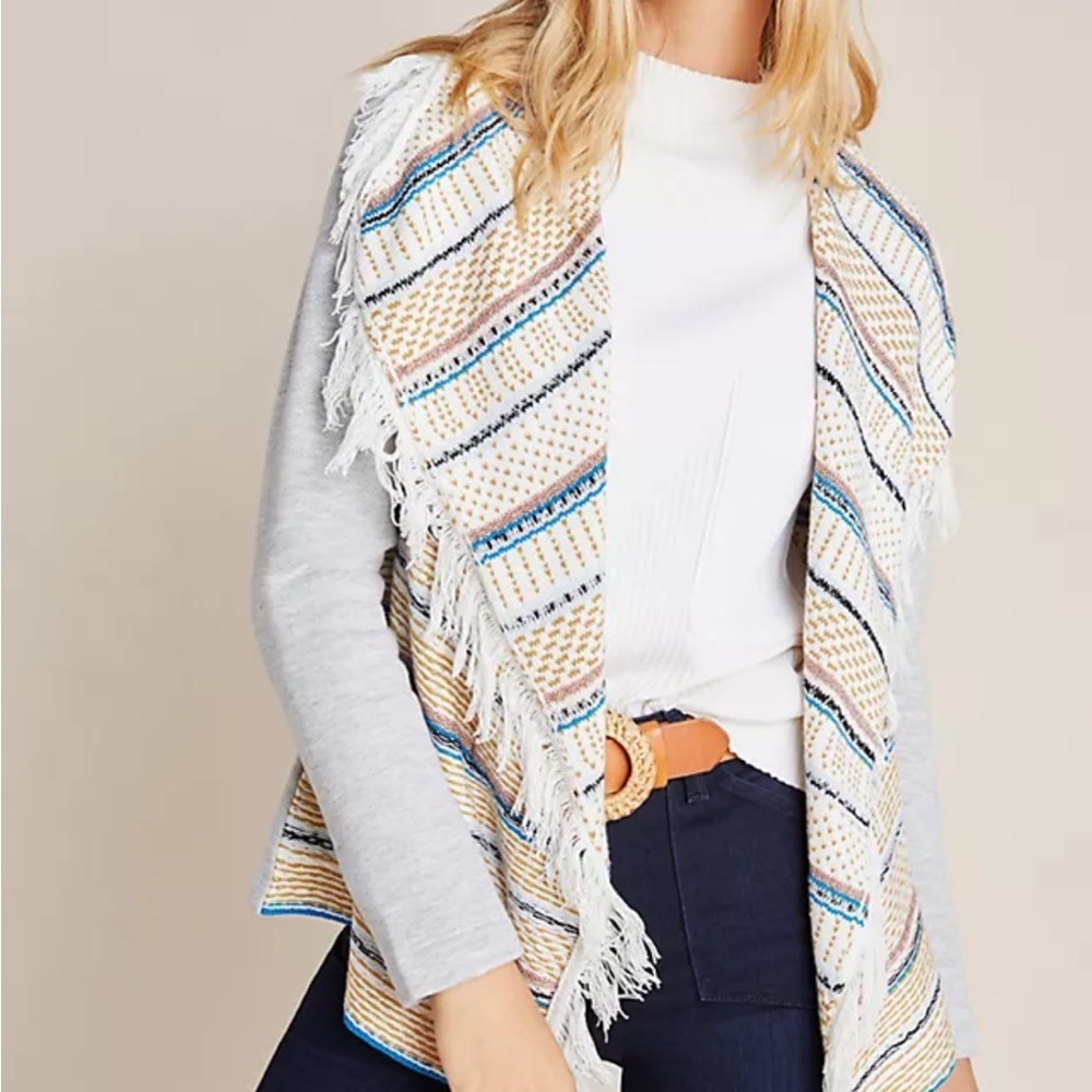 DOLAN ANTHROPOLOGIE Margaux fringed cardigan open front grey cream oversized XS